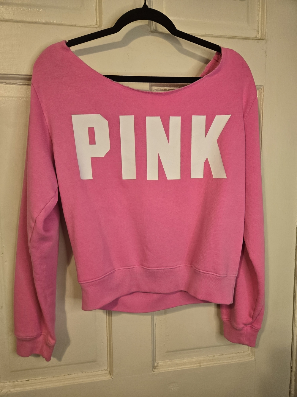 PINK Victoria's Secret Bright Pink Off-Shoulder Logo Sweatshirt